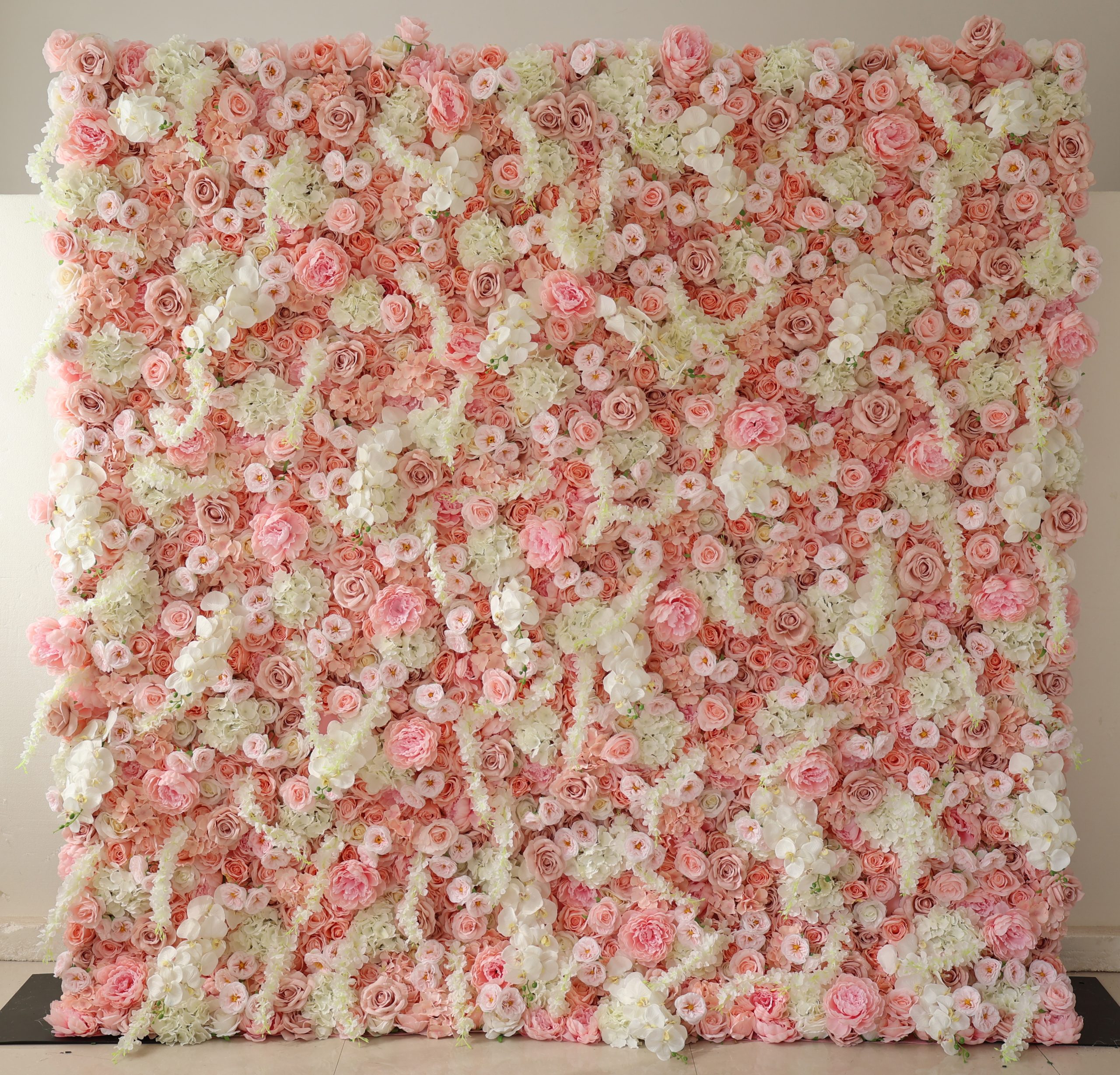 Pink flower wall rental with white accents