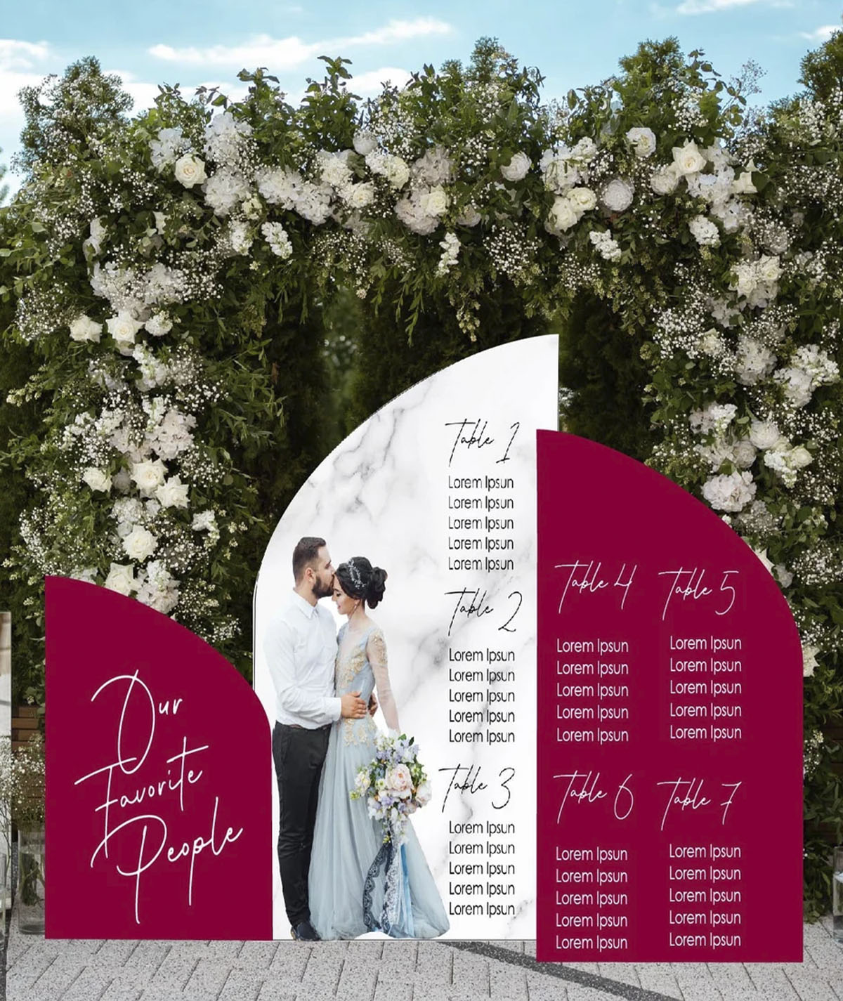 Event branding services with Flower arch and custom seating chart